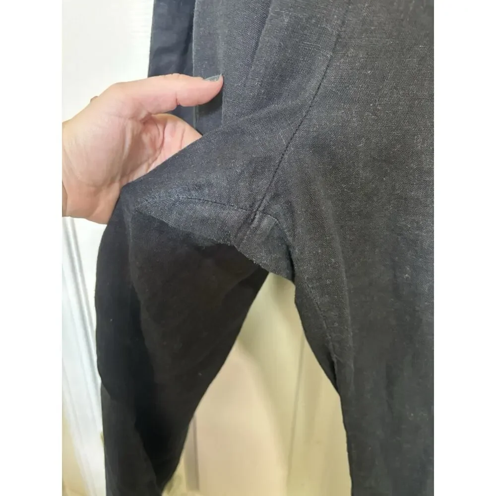 Quince 100% European Linen Square Neck Black Jumpsuit L Belt Pockets Sustainable
